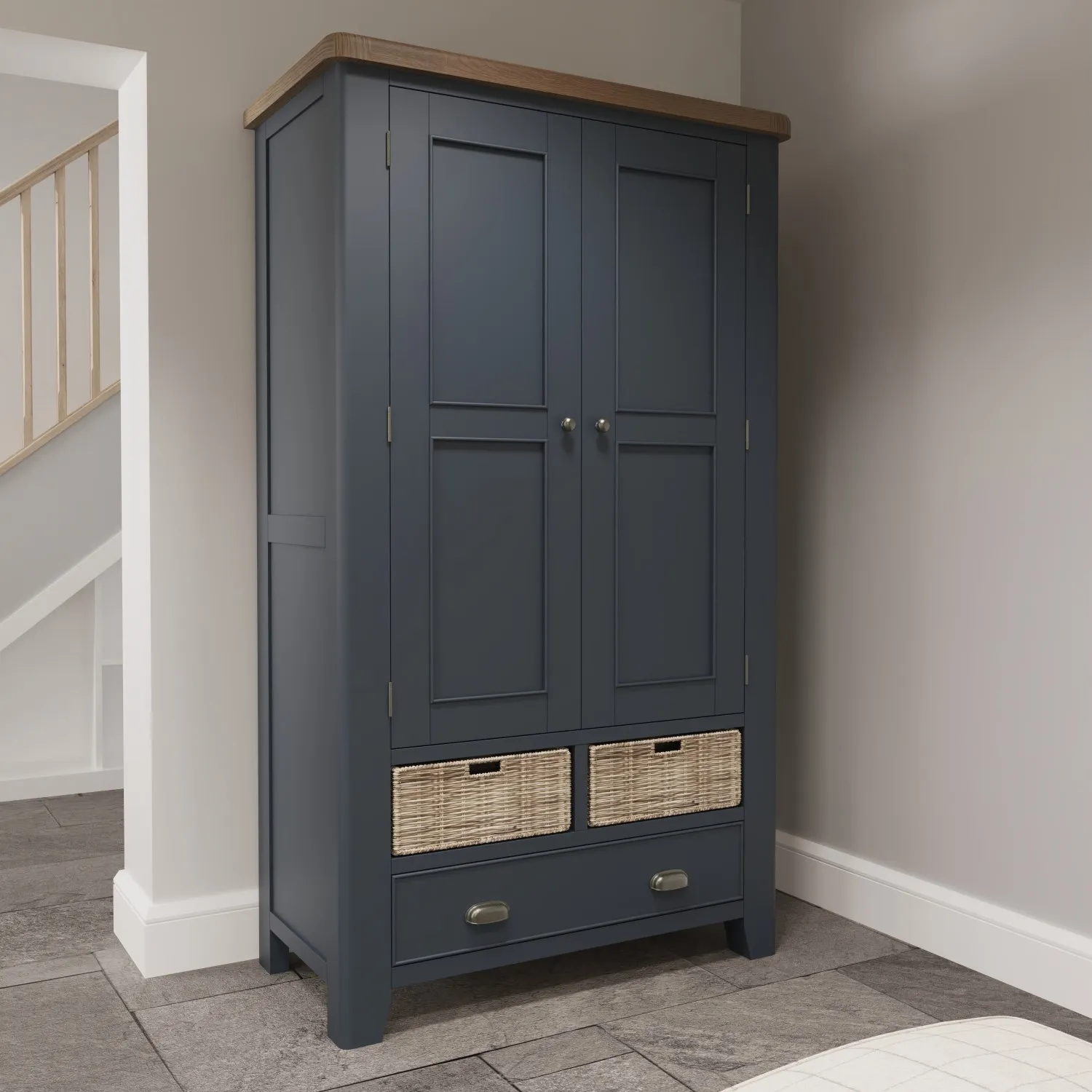 Blue Painted 2 Door Larder Unit Oak Top