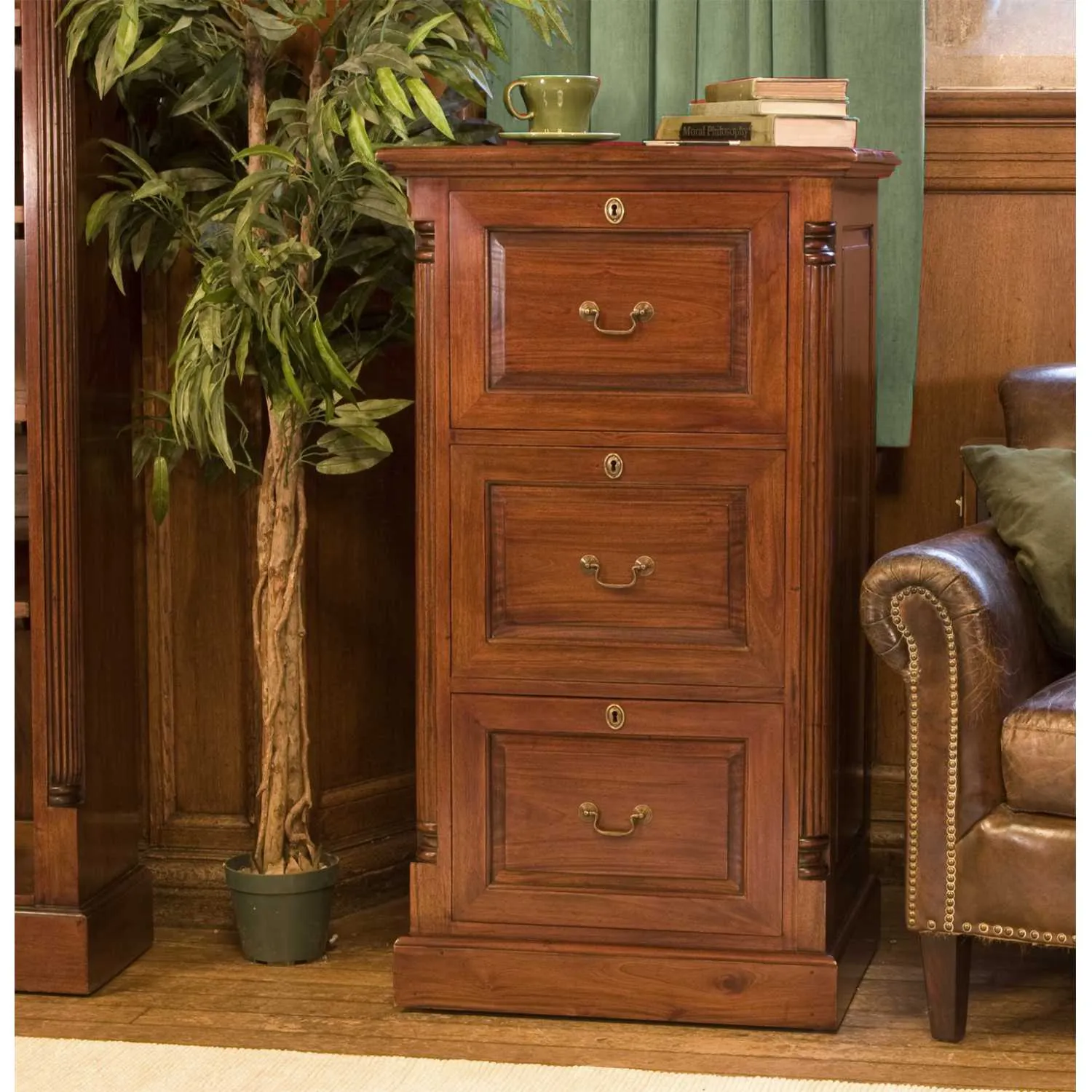 Mahogany 3 Drawer Office Filing Cabinet Traditional Dark Wood Finish