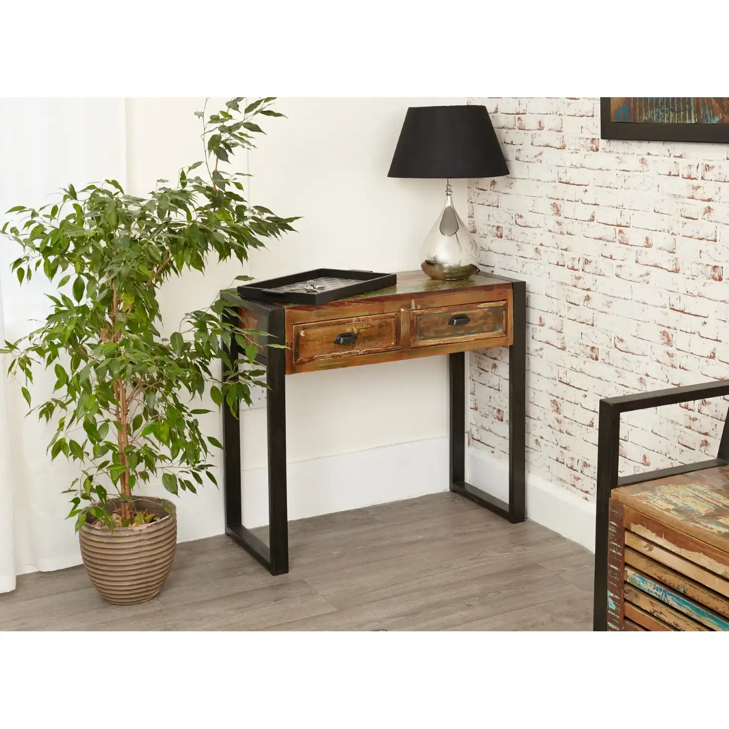 Rustic Console Table Painted Steel Framed and 2 Drawers