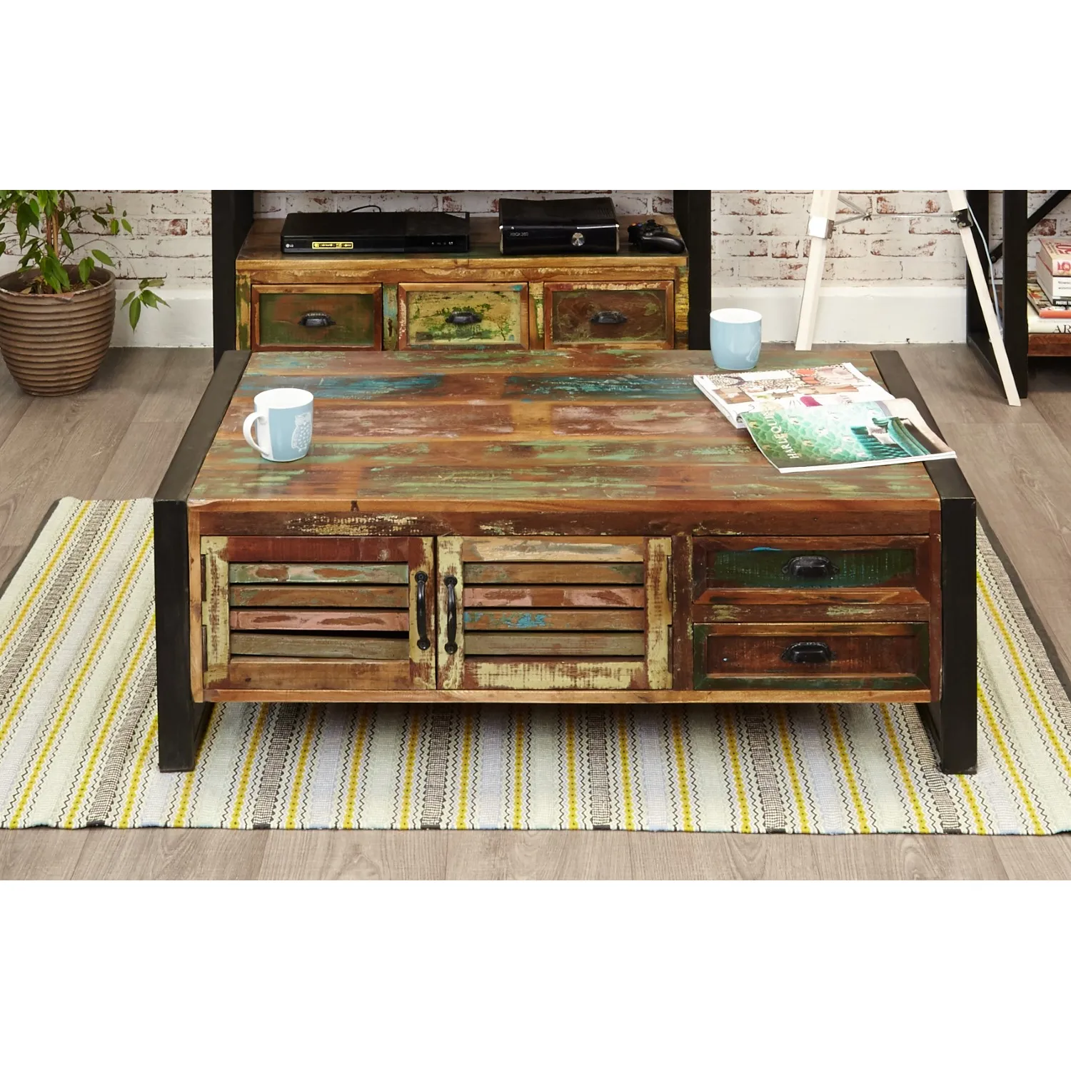 Rustic Painted Wood Large Storage Coffee Table