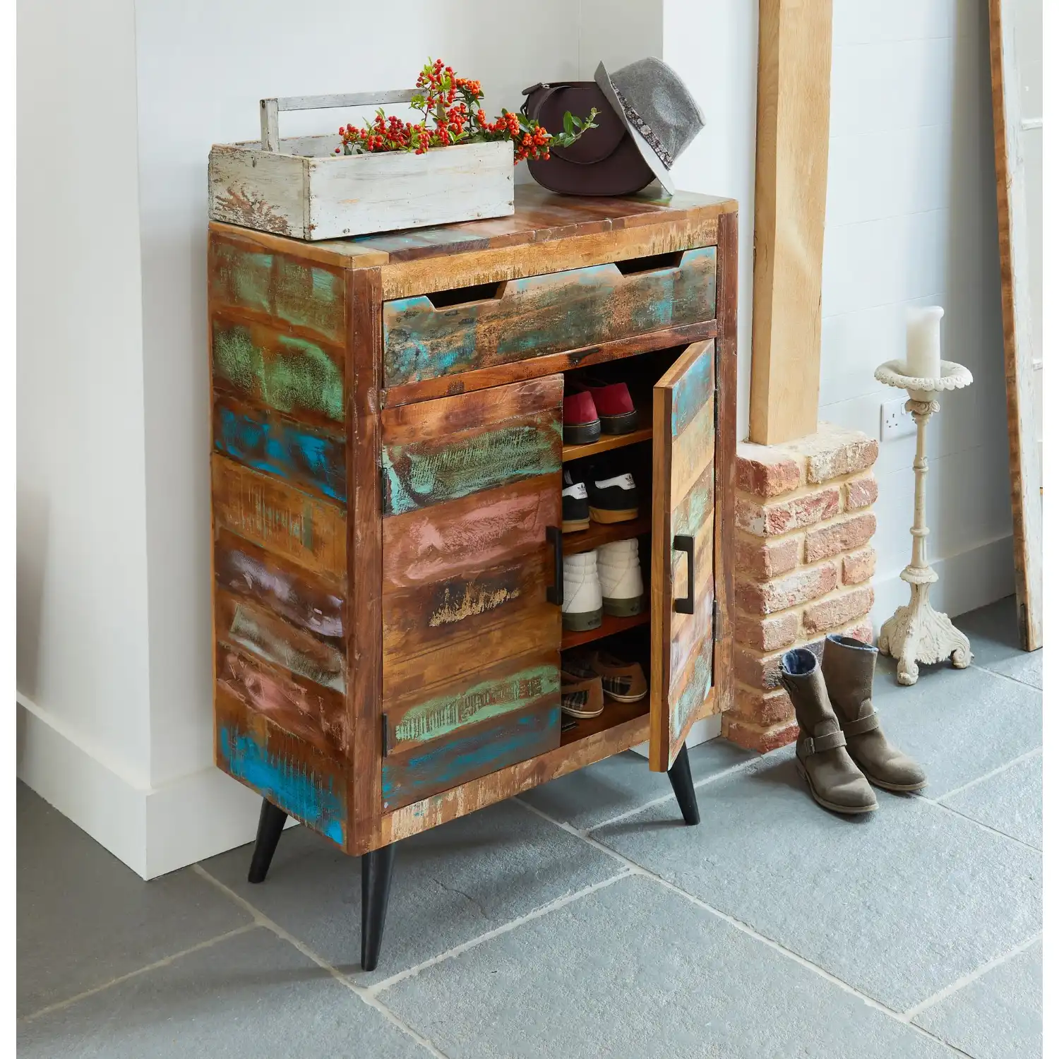 Rustic Painted Wooden Shoe Cupboard