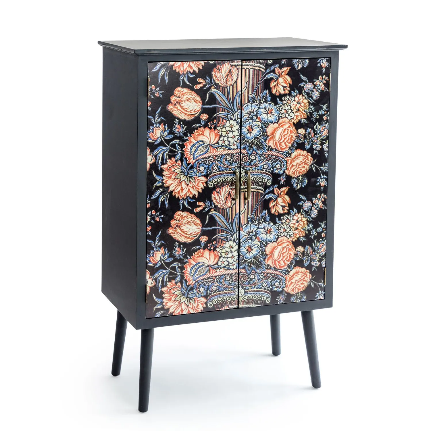 Tall Floral Column Boho Chic Side Cabinet with Narrow Legs