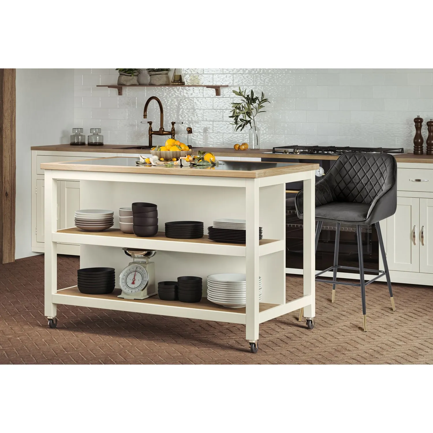 Kitchen Island (Cream) Open with Breakfast Bar