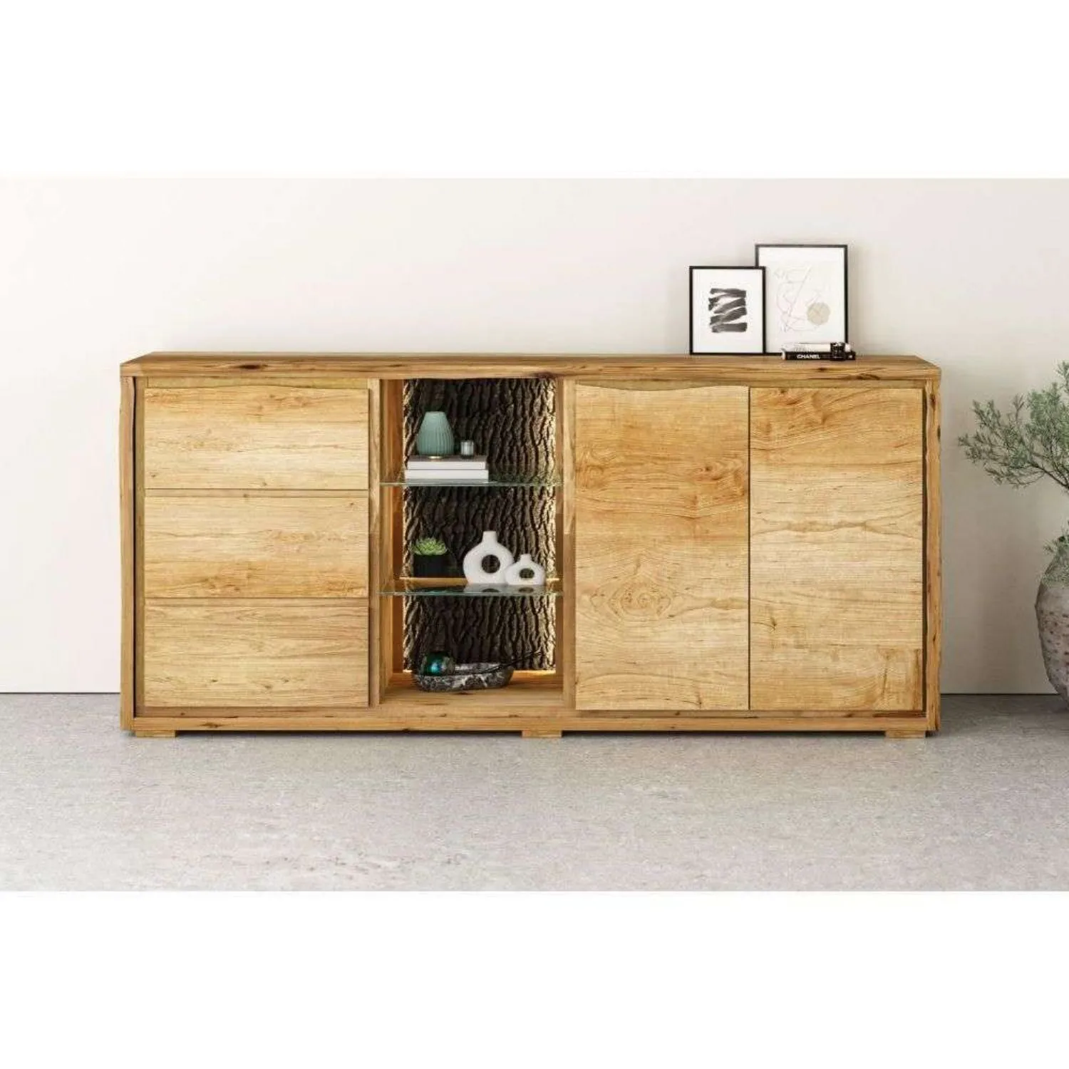 Live Edge Natural Large Sideboard with LED Light Natural Finish