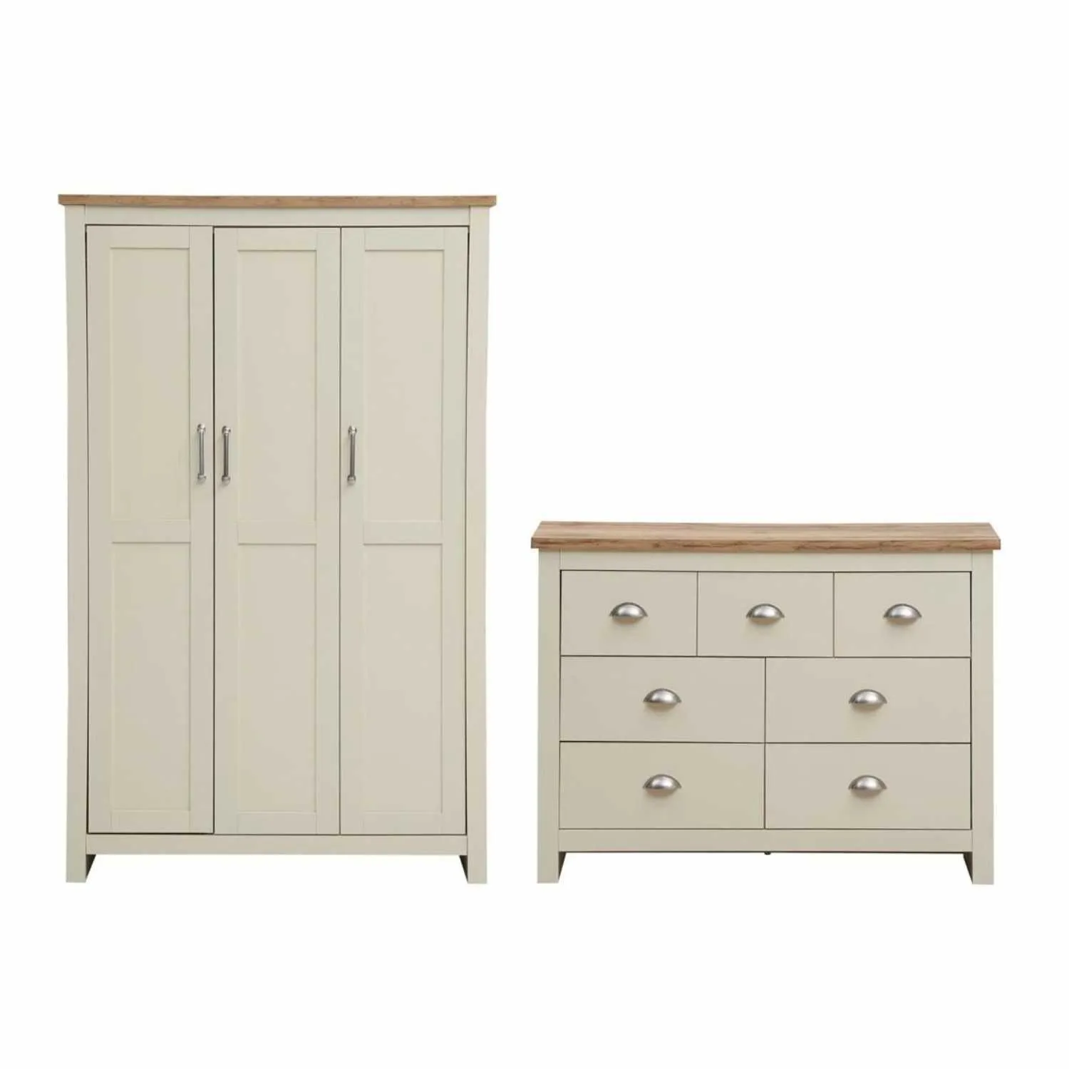 Cream Oak Effect Tops 2 Piece Bedroom Set (3 Door Wardrobe, 3+4 Chest)