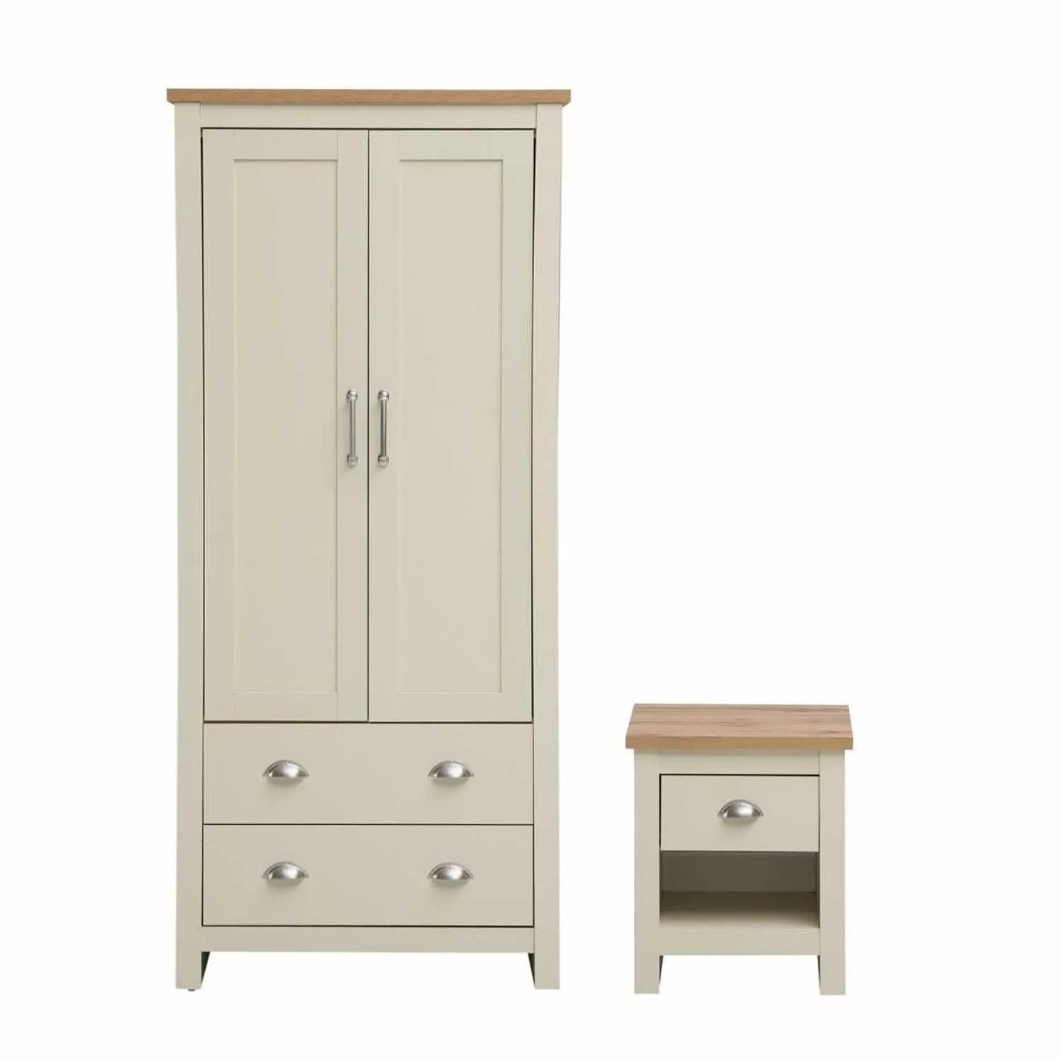 Modern Cream Wooden 2 Piece Bedroom Set with Oak Effect Tops