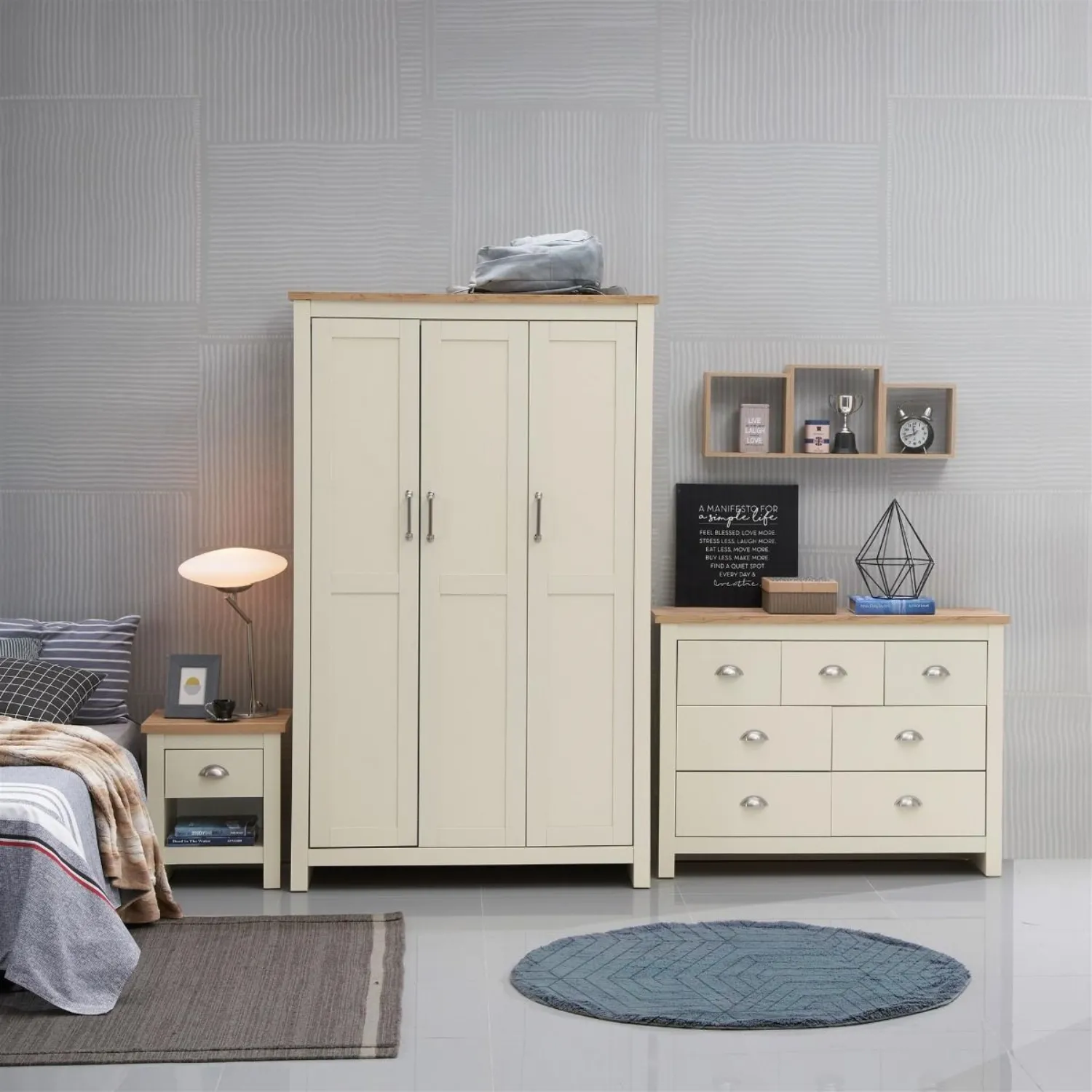 3 Piece Bedroom Set (3 Door Wardrobe, 3+4 Chest, 1 Drawer Bedside)