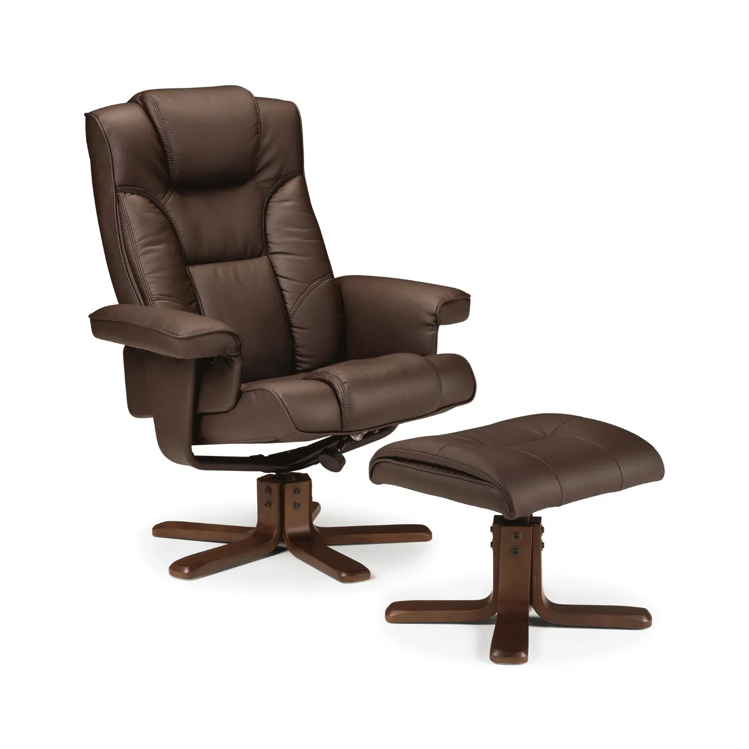 Swivel Recliner Chair And Stool Set Brown Faux Leather Upholstery Walnut Base