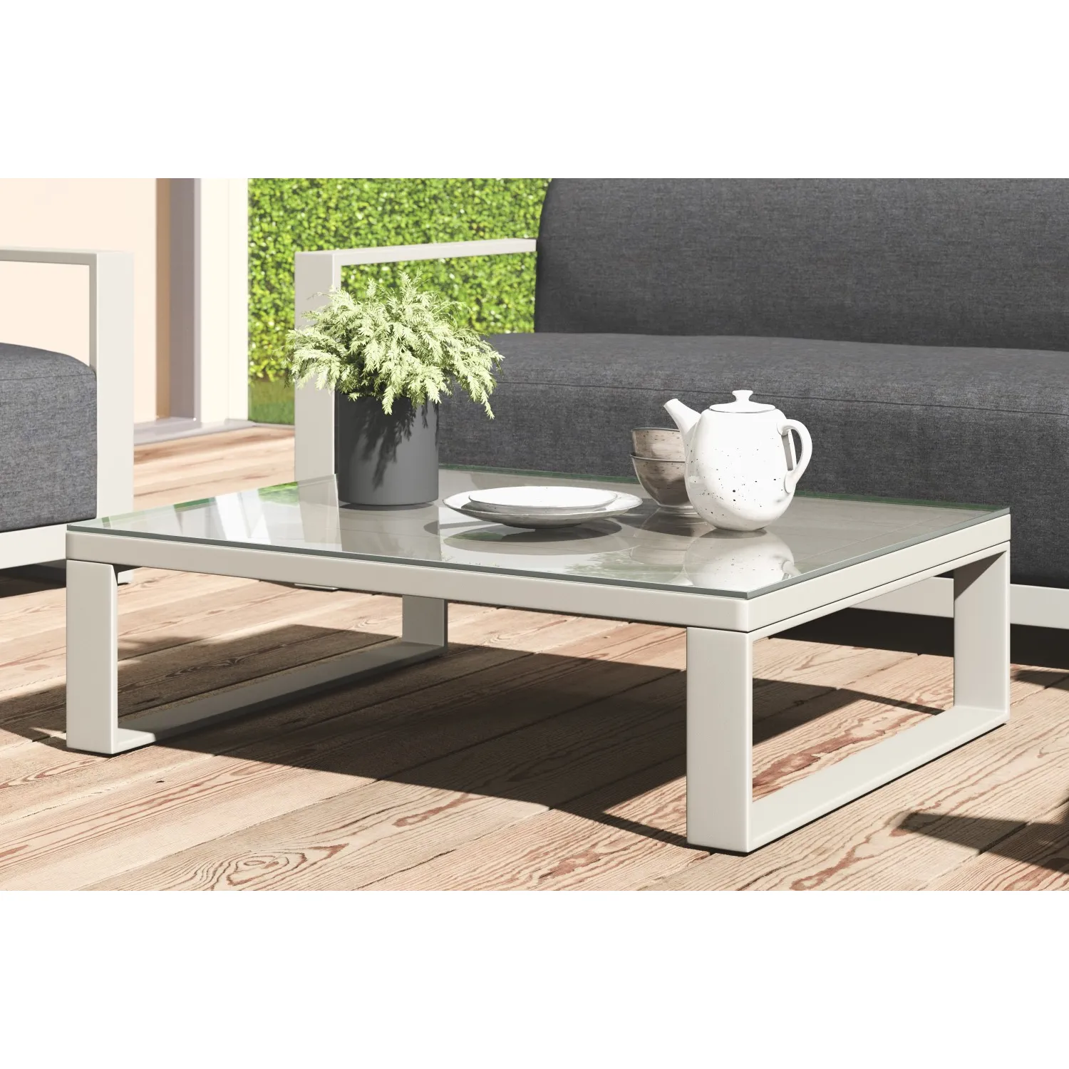 Grey Metal Outdoor Coffee Table Glass Top