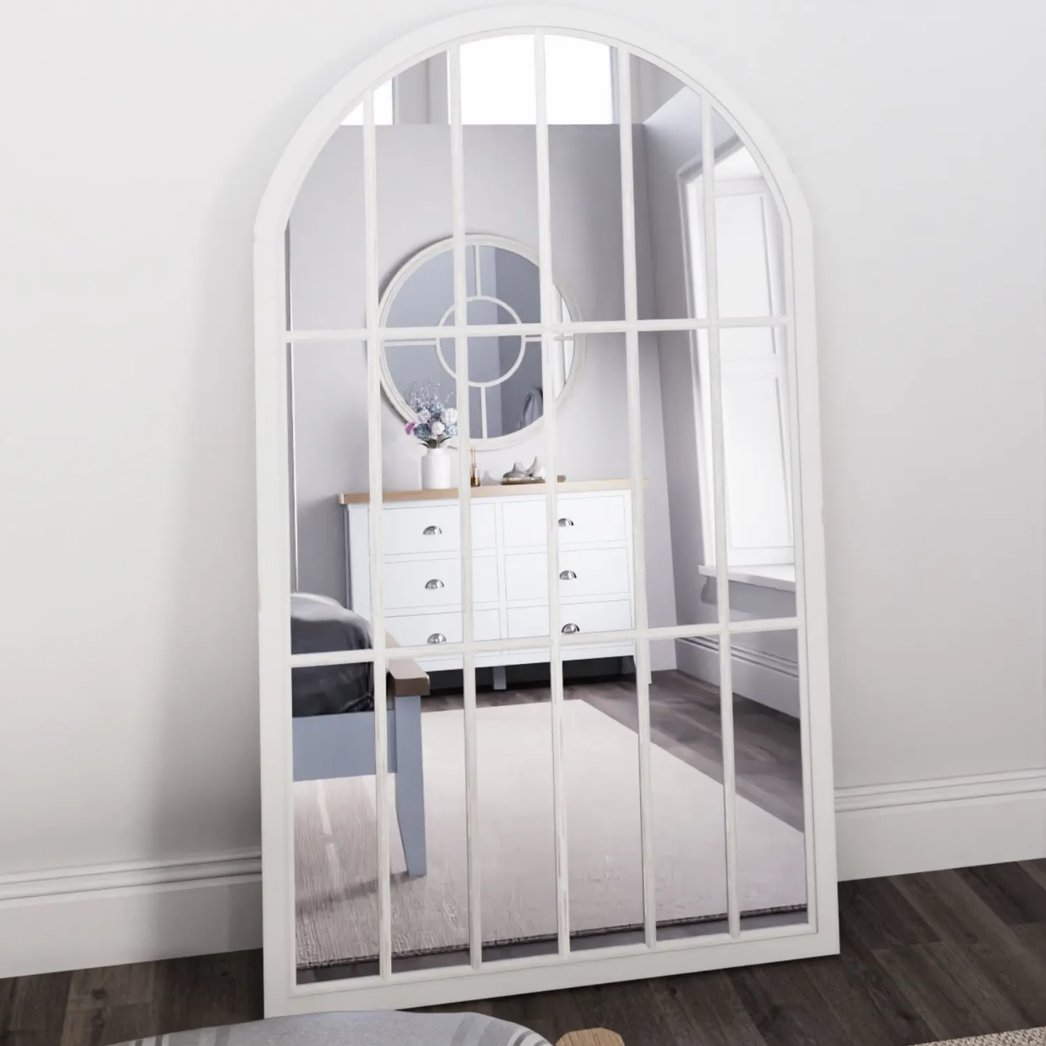 White Large Arched Window Wall Mirror