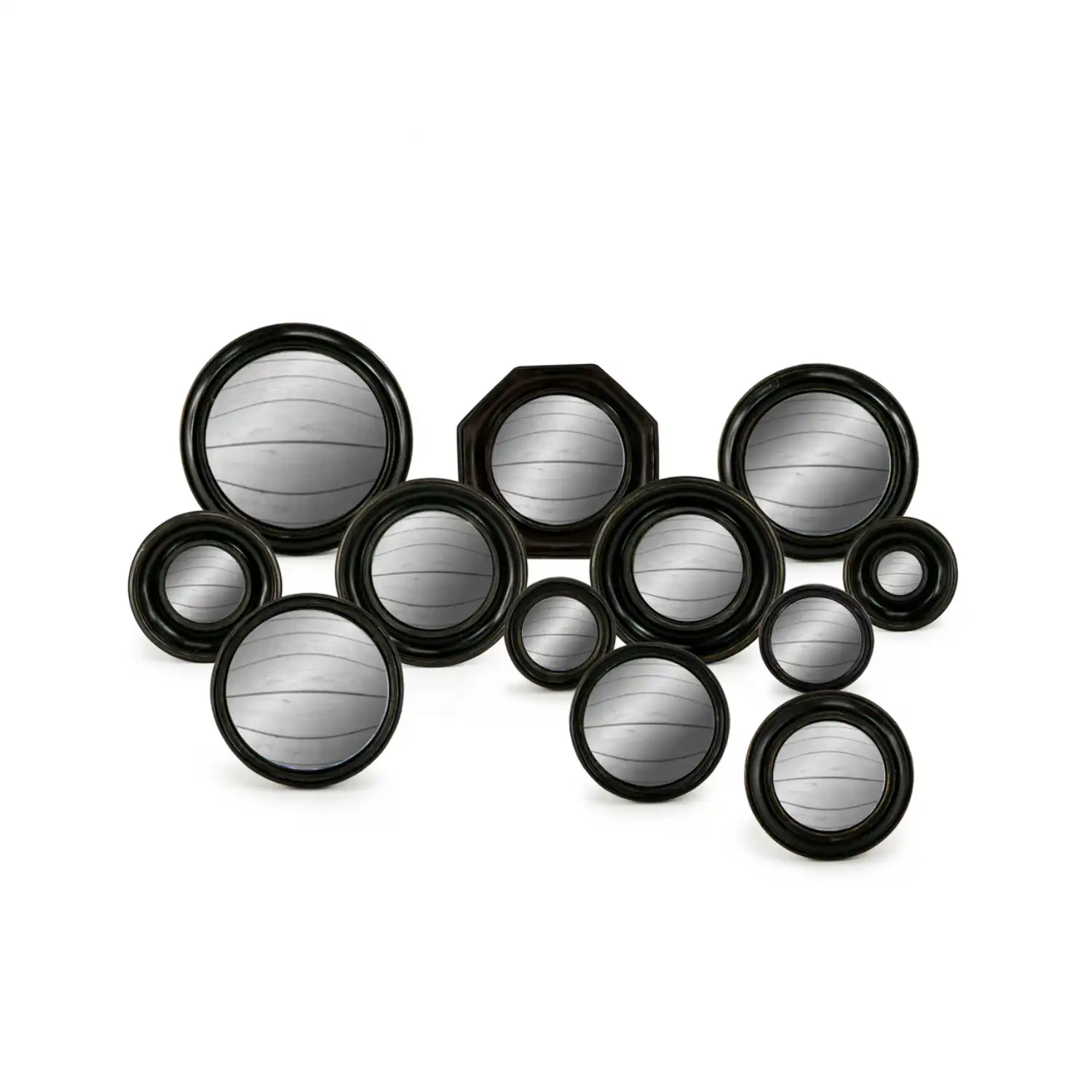 Set Of 12 Antique Black Convex Wall Mirrors