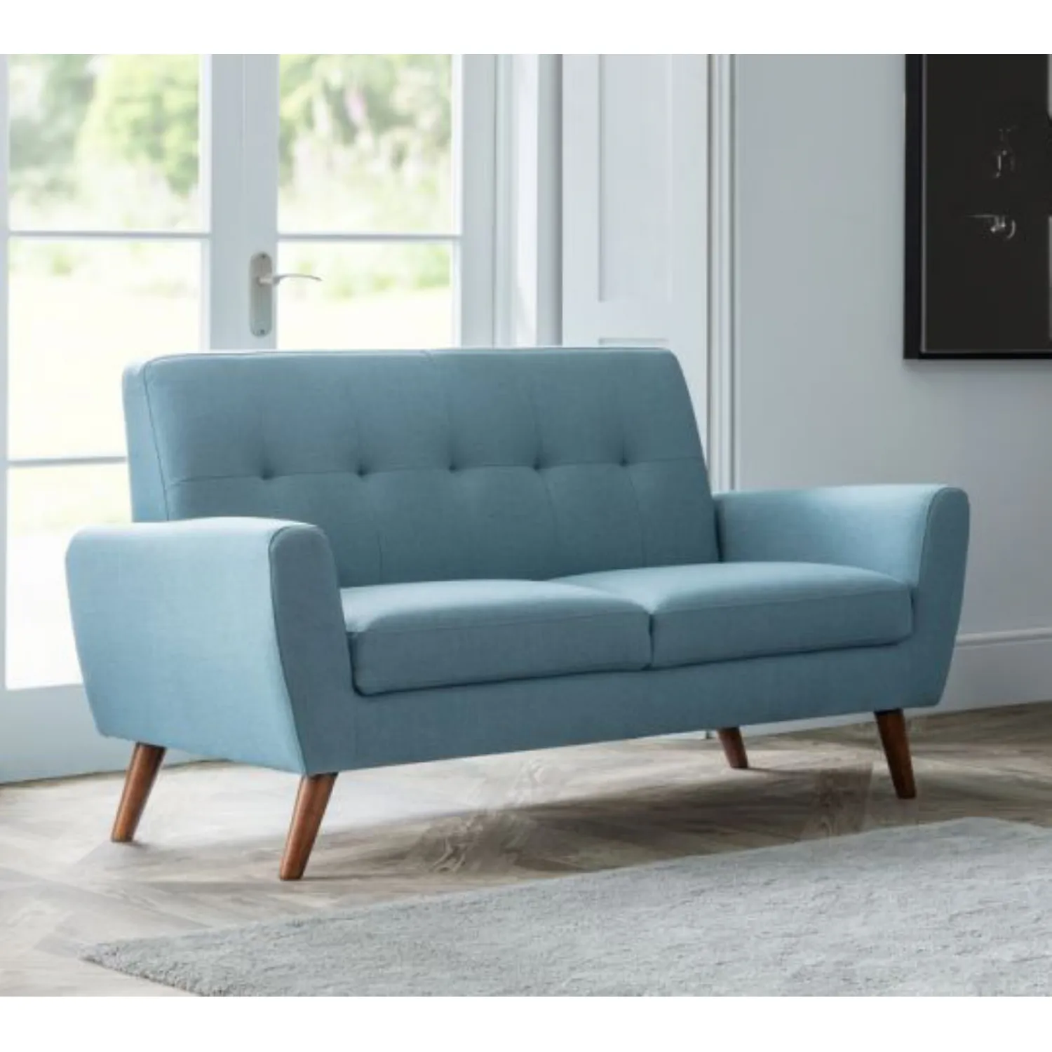 Blue Velvet Fabric Upholstered 2 Seater Medium Sofa Retro Oak Tapered Legs