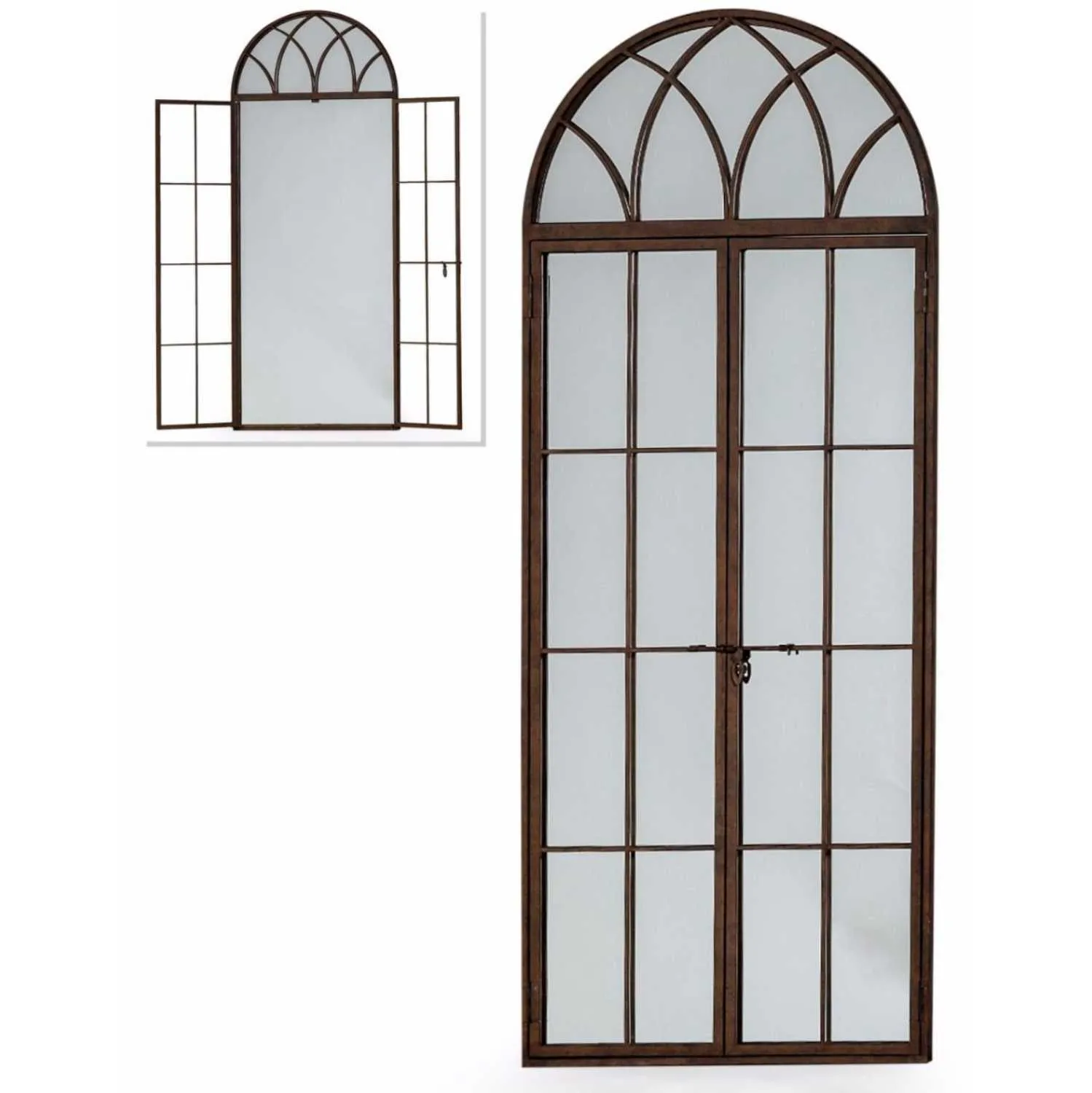 Large Antiqued Metal Window Wall Mirror