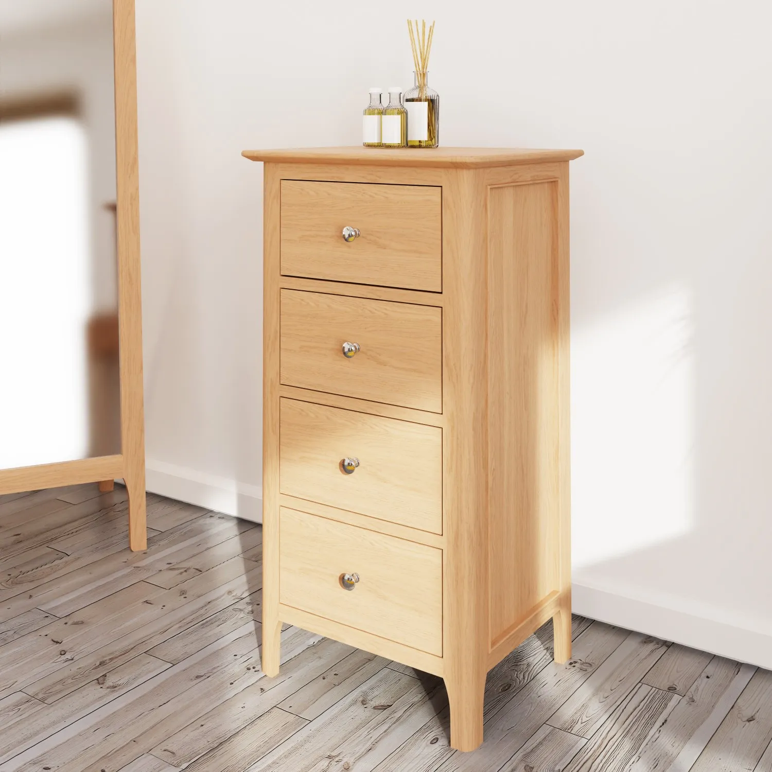 Oak Tall Slim Tallboy Chest of 4 Drawers