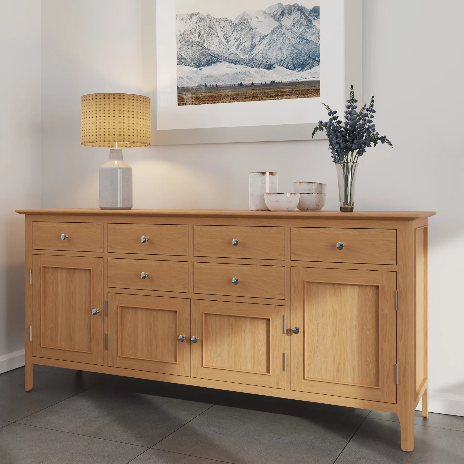 Large Oak 4 Door Sideboard with 6 Drawers