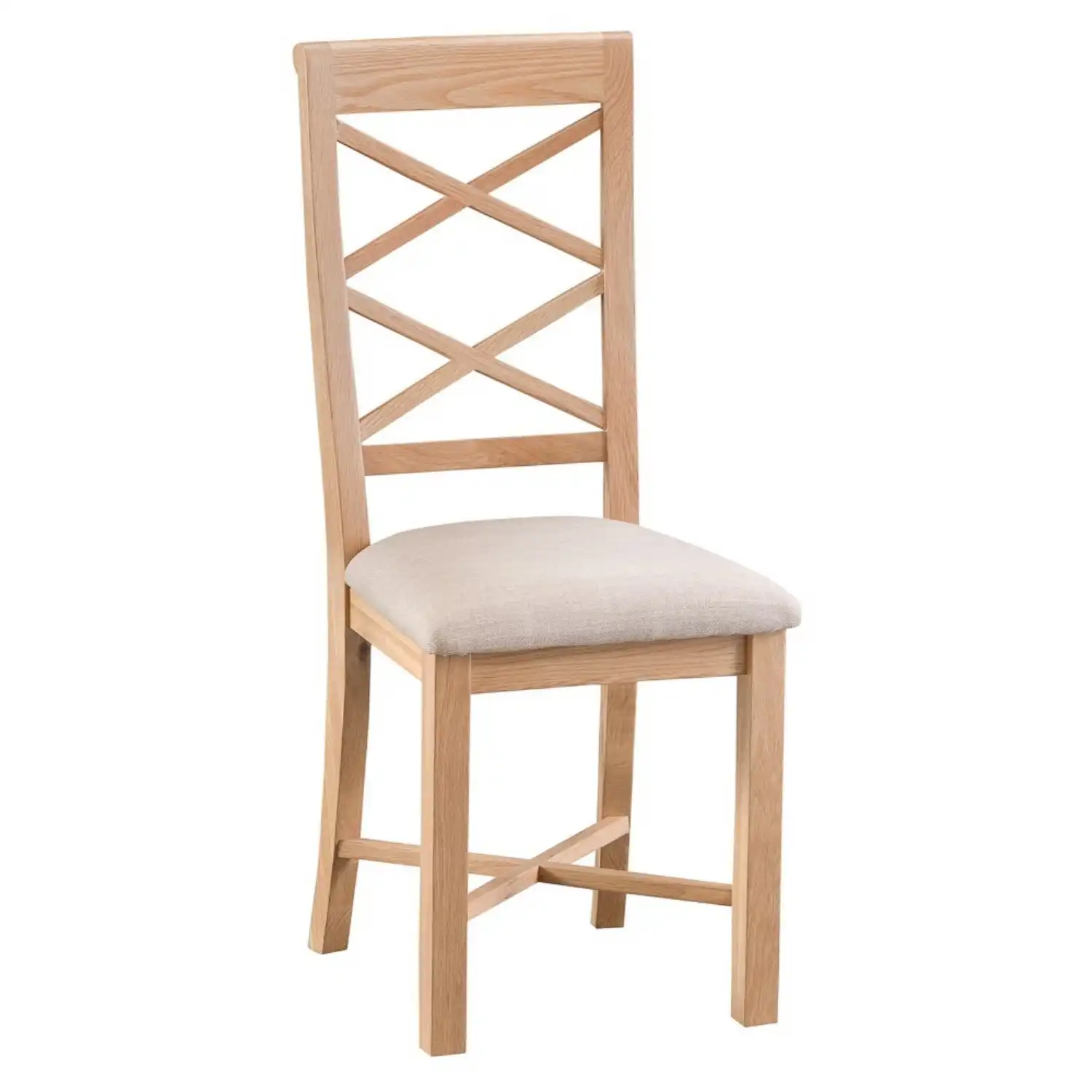 Pair of Oak Cross Back Dining Chairs Cream Fabric Seat