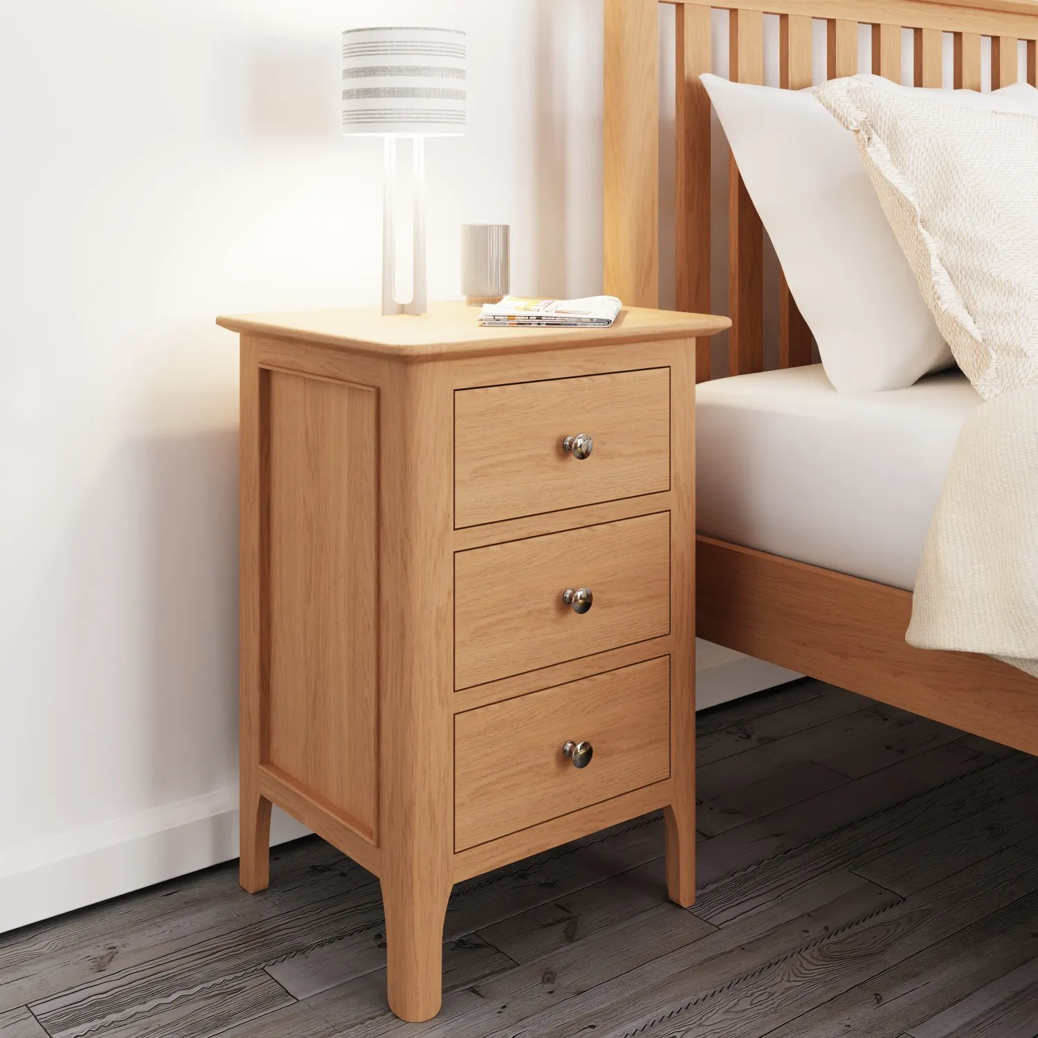 Large Oak Bedside Chest of 3 Drawers