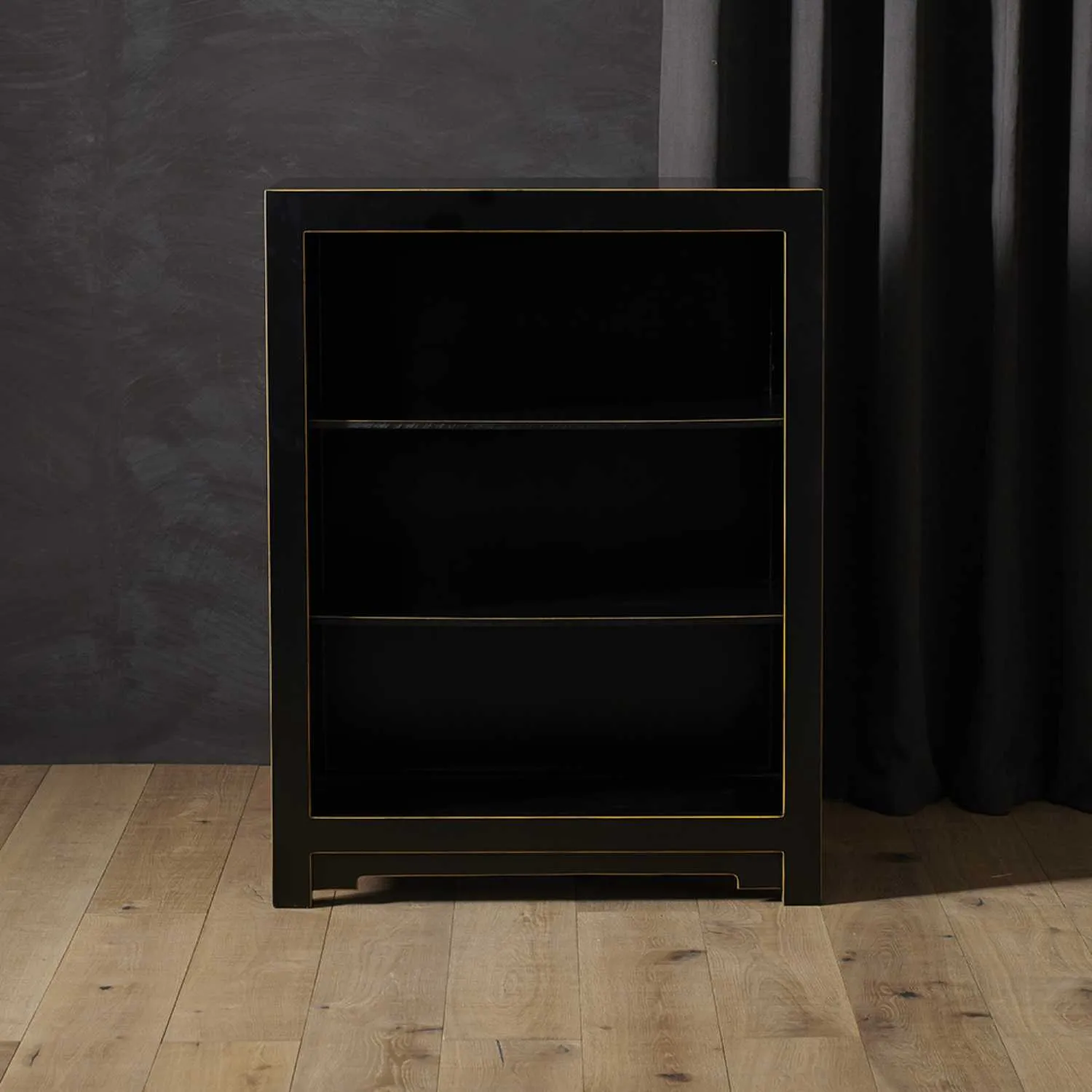 The Nine Schools Qing Black Gloss and Gold Gilt Antique Small Low Chinese Bookcase 45x60x110cm