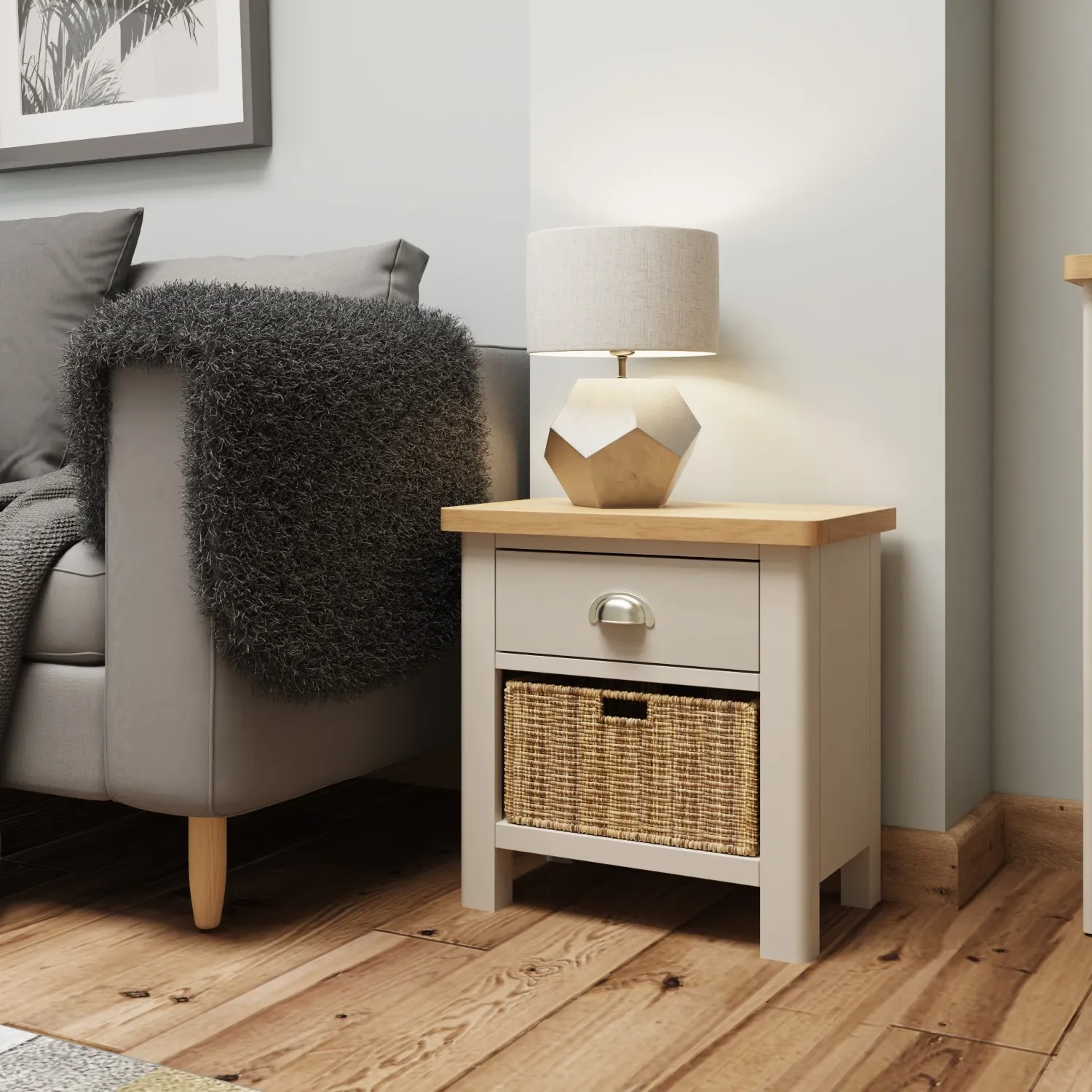 Grey Painted Oak Top Bedside Chest Wicker Baskets