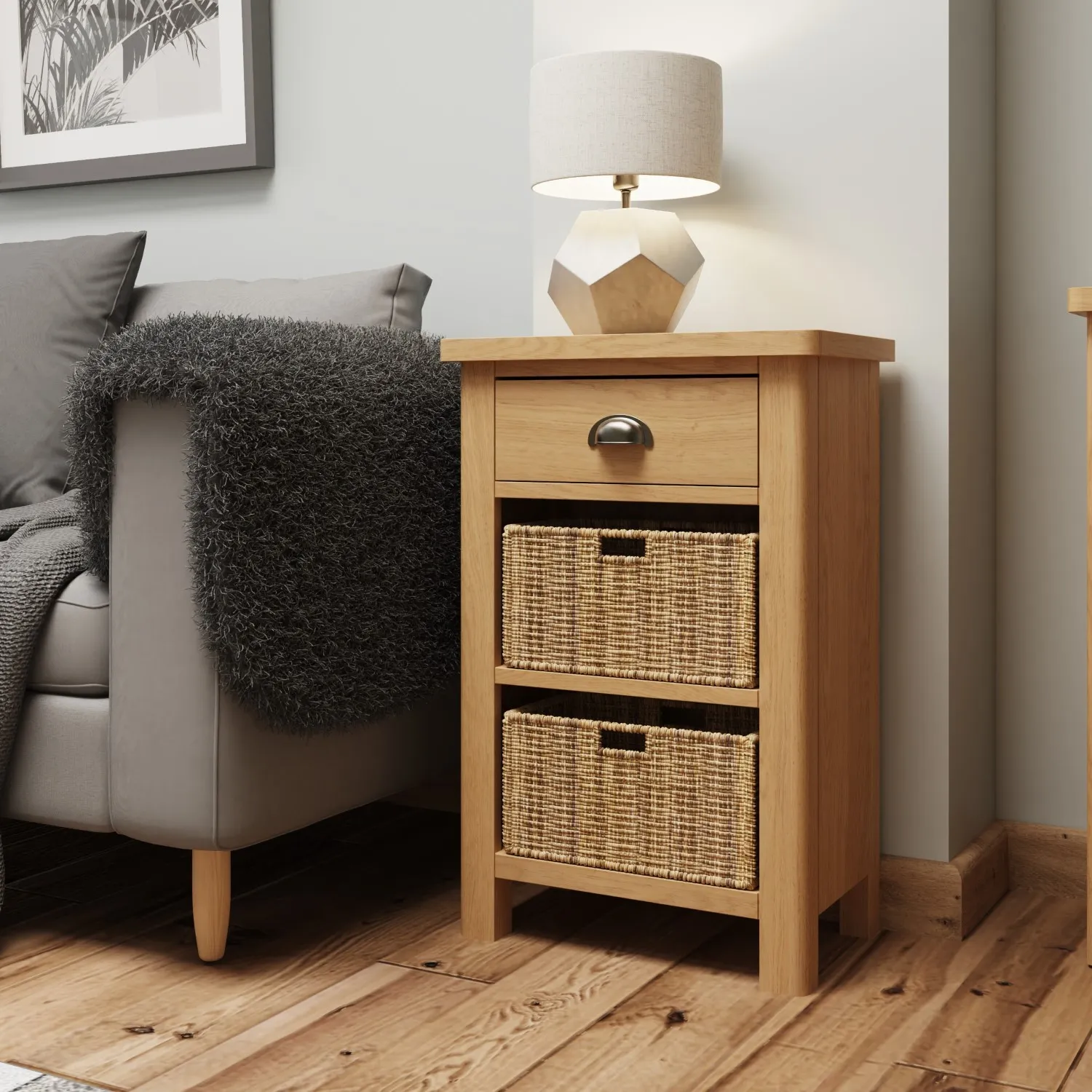 Rustic Oak Wicker Basket Bedside Chest