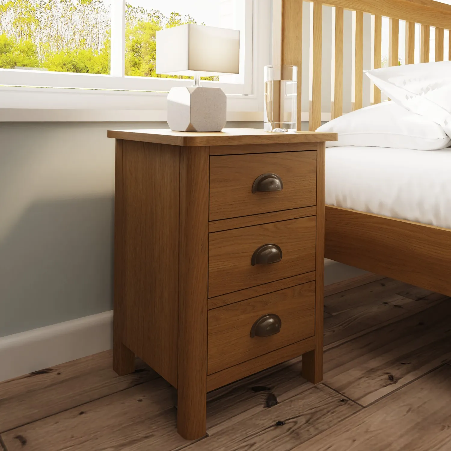 Oak 3 Drawer Bedside Cabinet