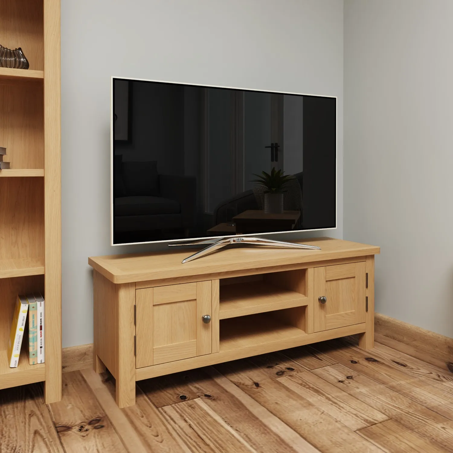 Rustic Oak 2 Door Large TV Unit with Shelves