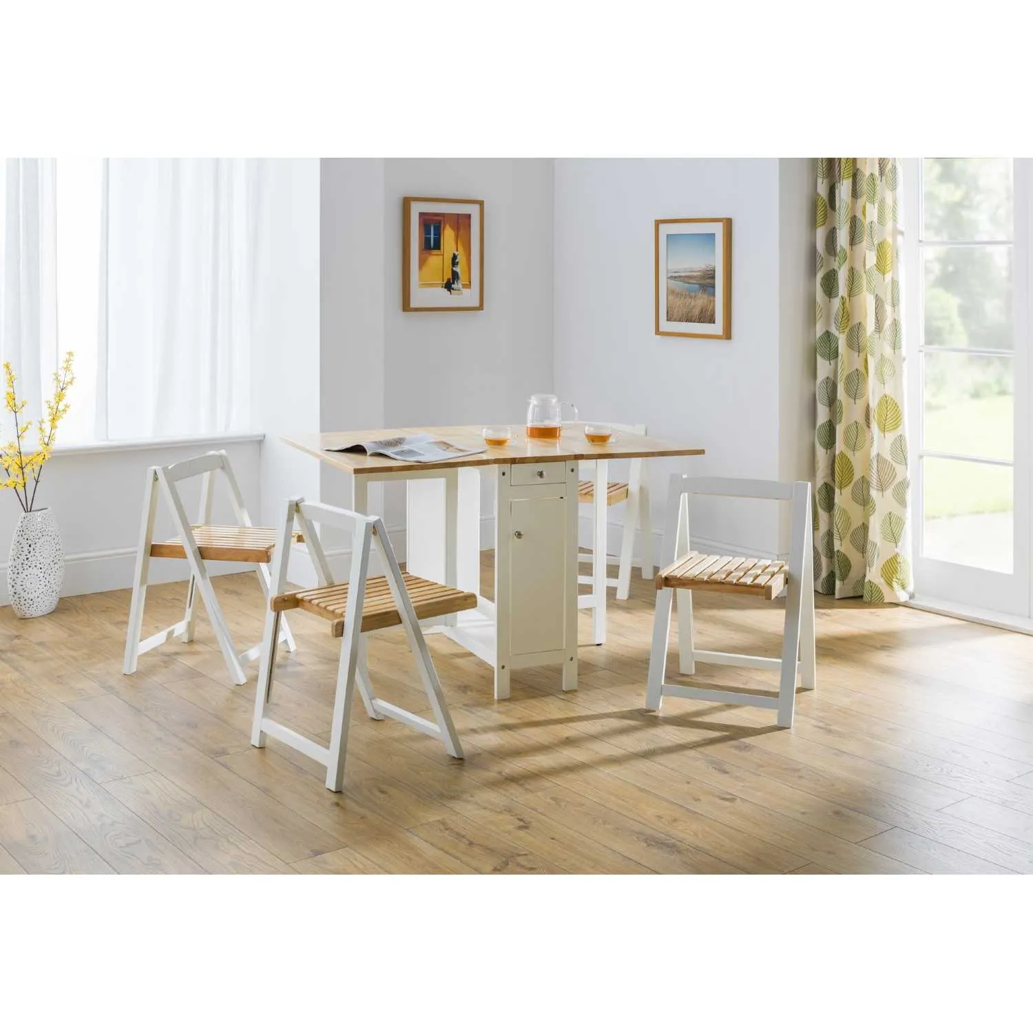 White Painted Natural Lacquered Wooden Folding Dining Set with Storage