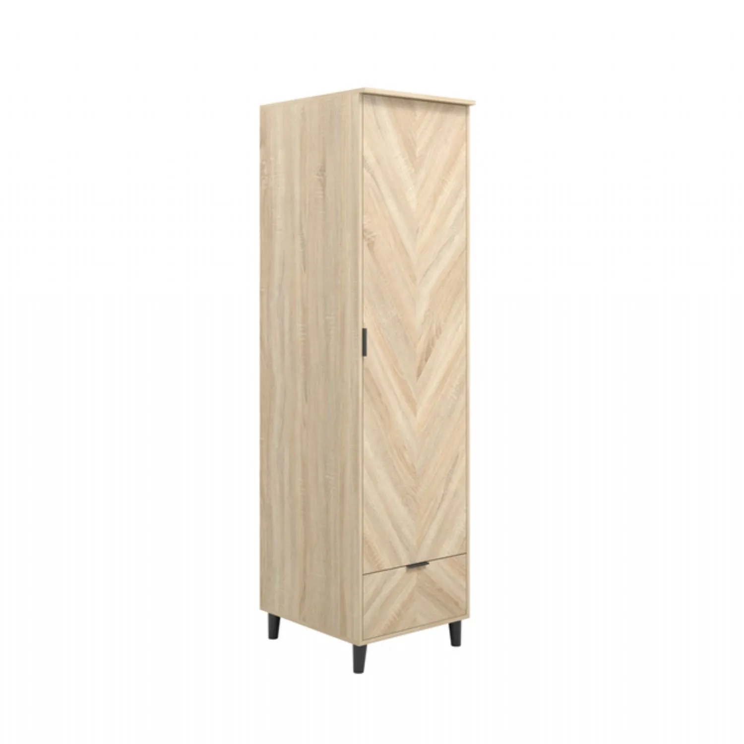 Light Oak 1 Door 1 Drawer Single Narrow Chevron Wardrobe