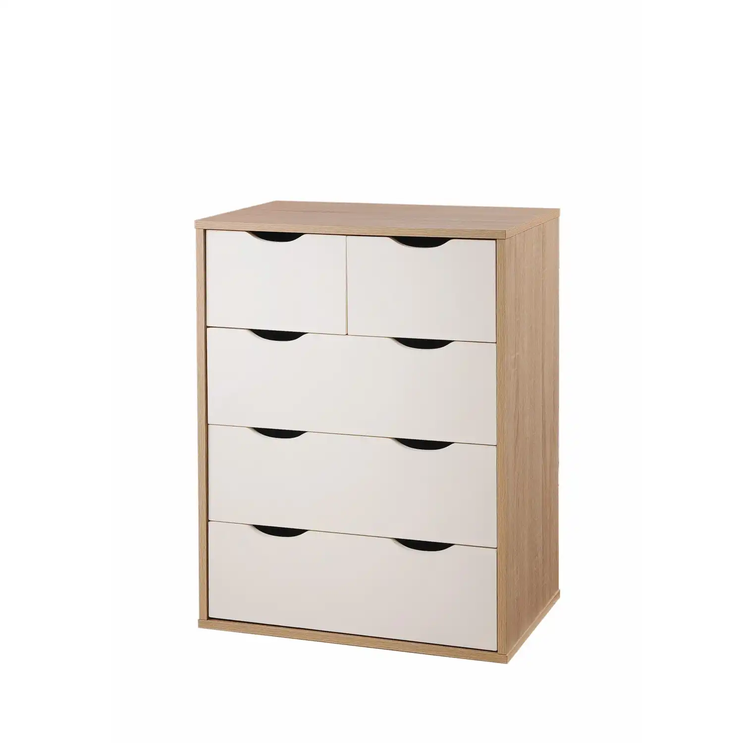 Simple Modern Oak and White 2 Over 3 Chest of 5 Drawers Cut Out Handles 78 x 60cm