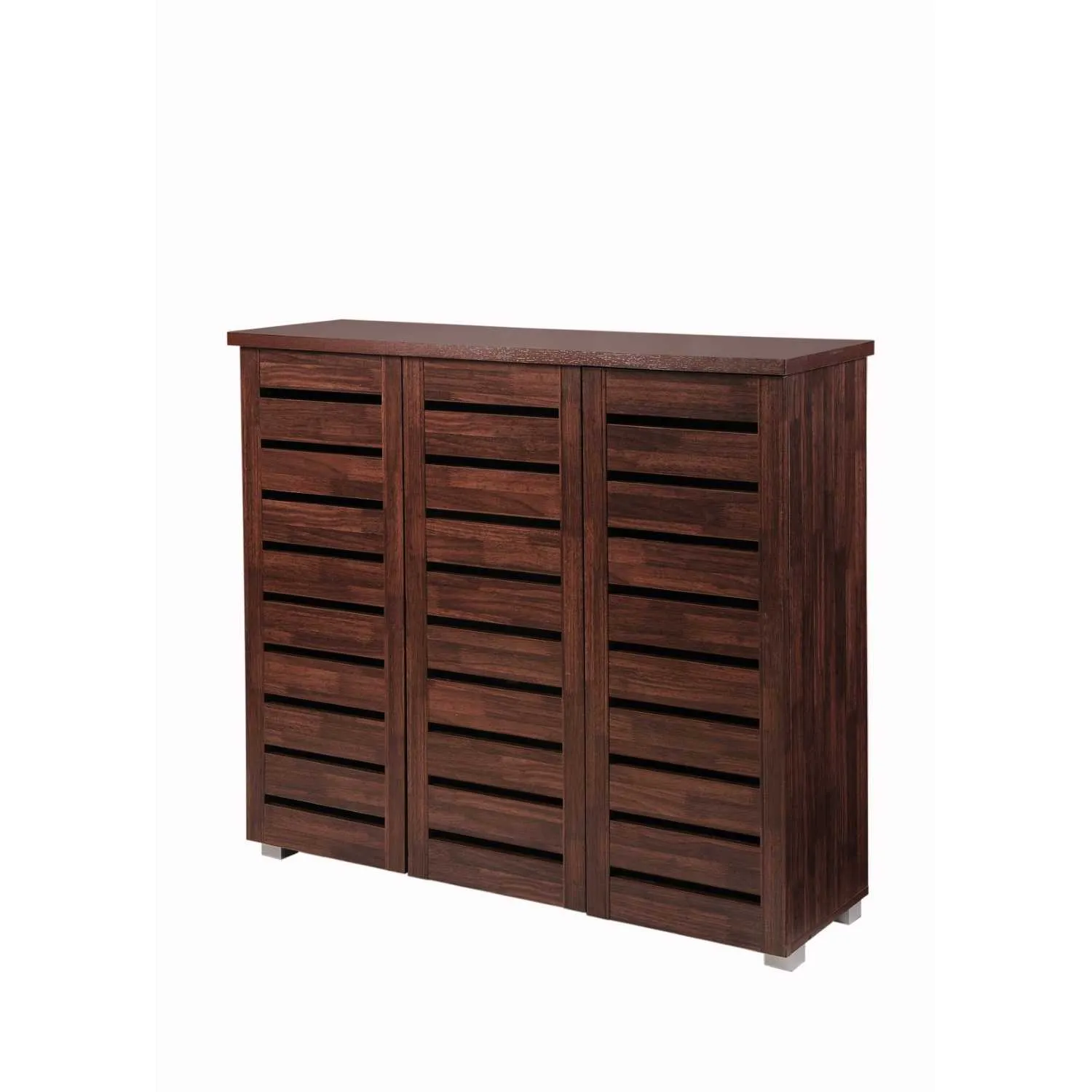 Modern Style Dark Wood Finish 3 Door 4 Shelf Slatted Shoe Cabinet 93.8 x 114cm