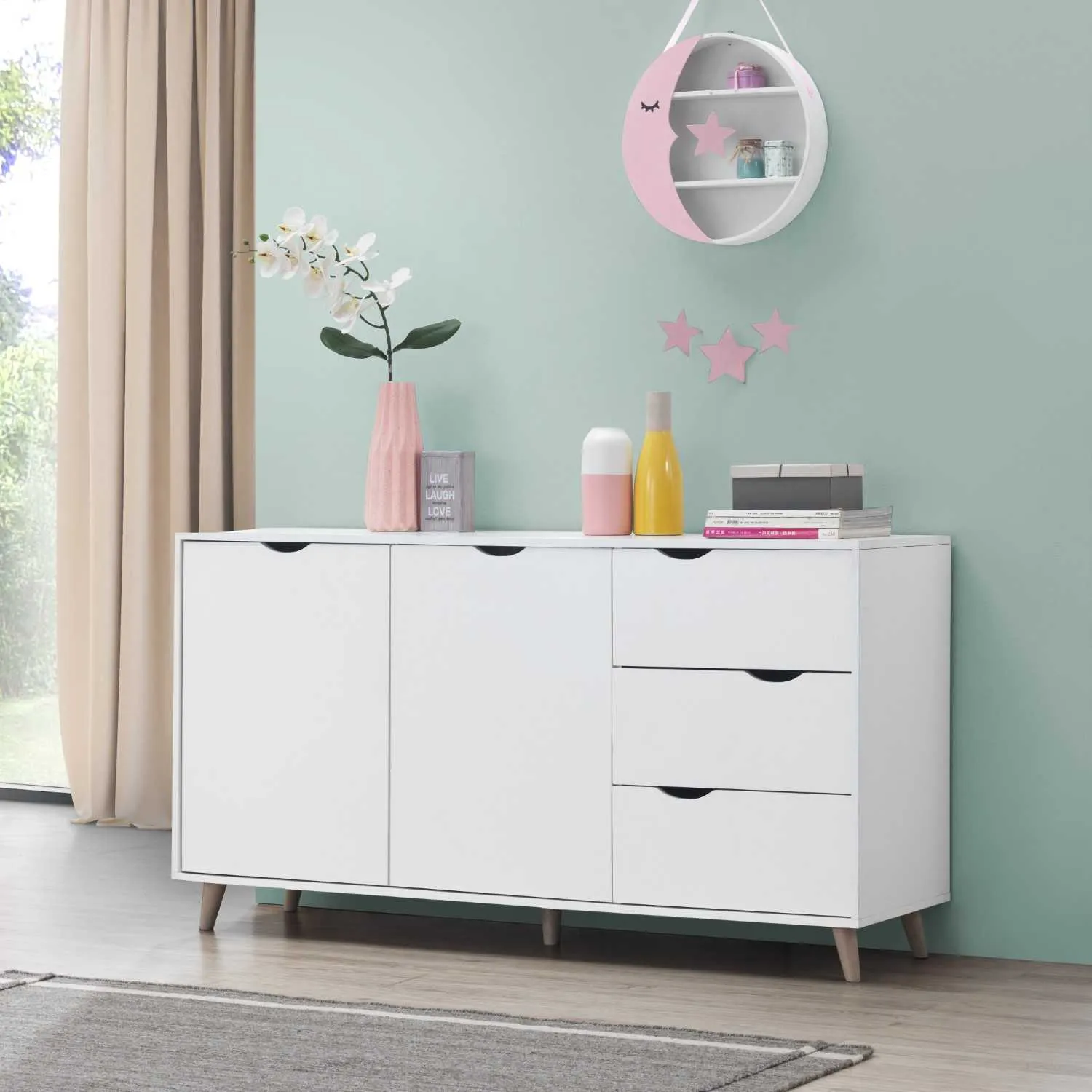 White Large Modern 2 Door 3 Drawer Sideboard Scandinavian Style with Light Oak Legs