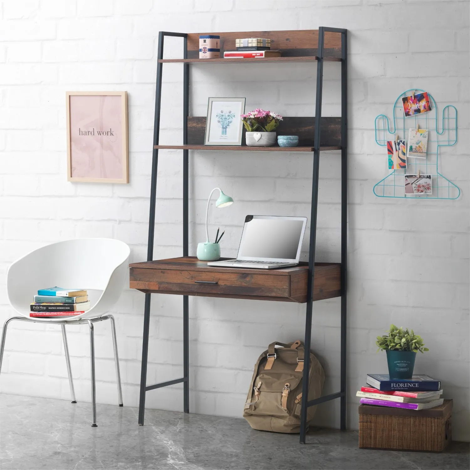 3 Tier Rustic Wooden Desk Shelving Unit With 1 Drawer Tubular Black Iron Framed