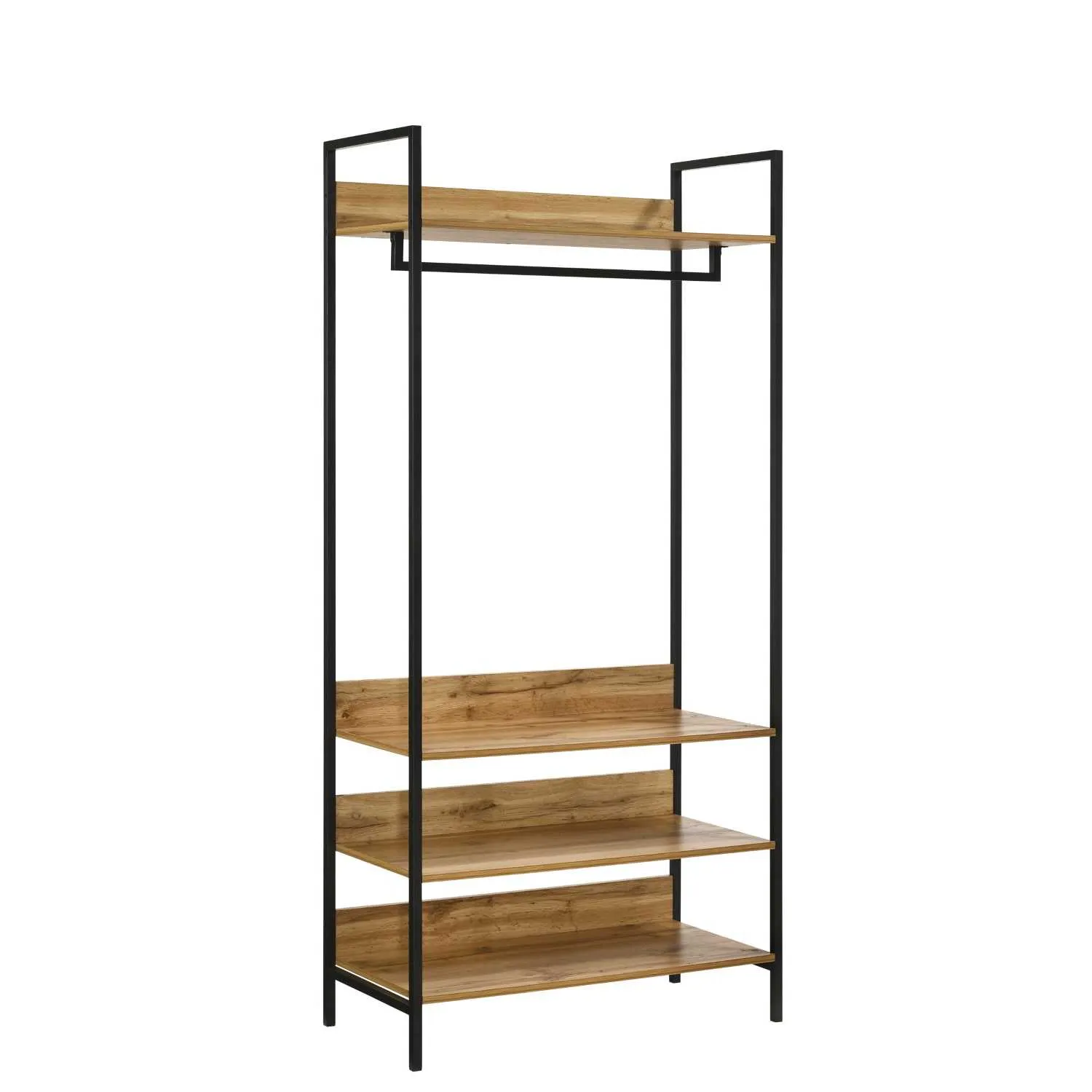 Open Wardrobe With 4 Shelves Oak Effect Finish Black Metal Outer Frame and Legs