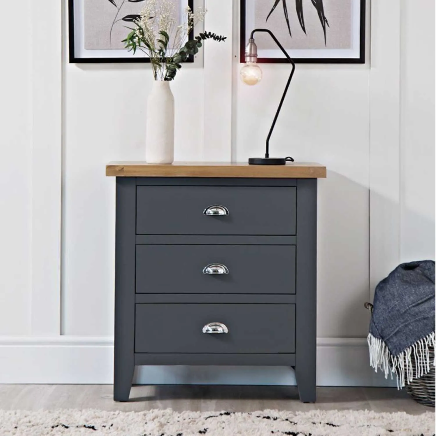 Charcoal Painted Wooden Small Chest of 3 Drawers Cabinet Lime Oak Washed Top