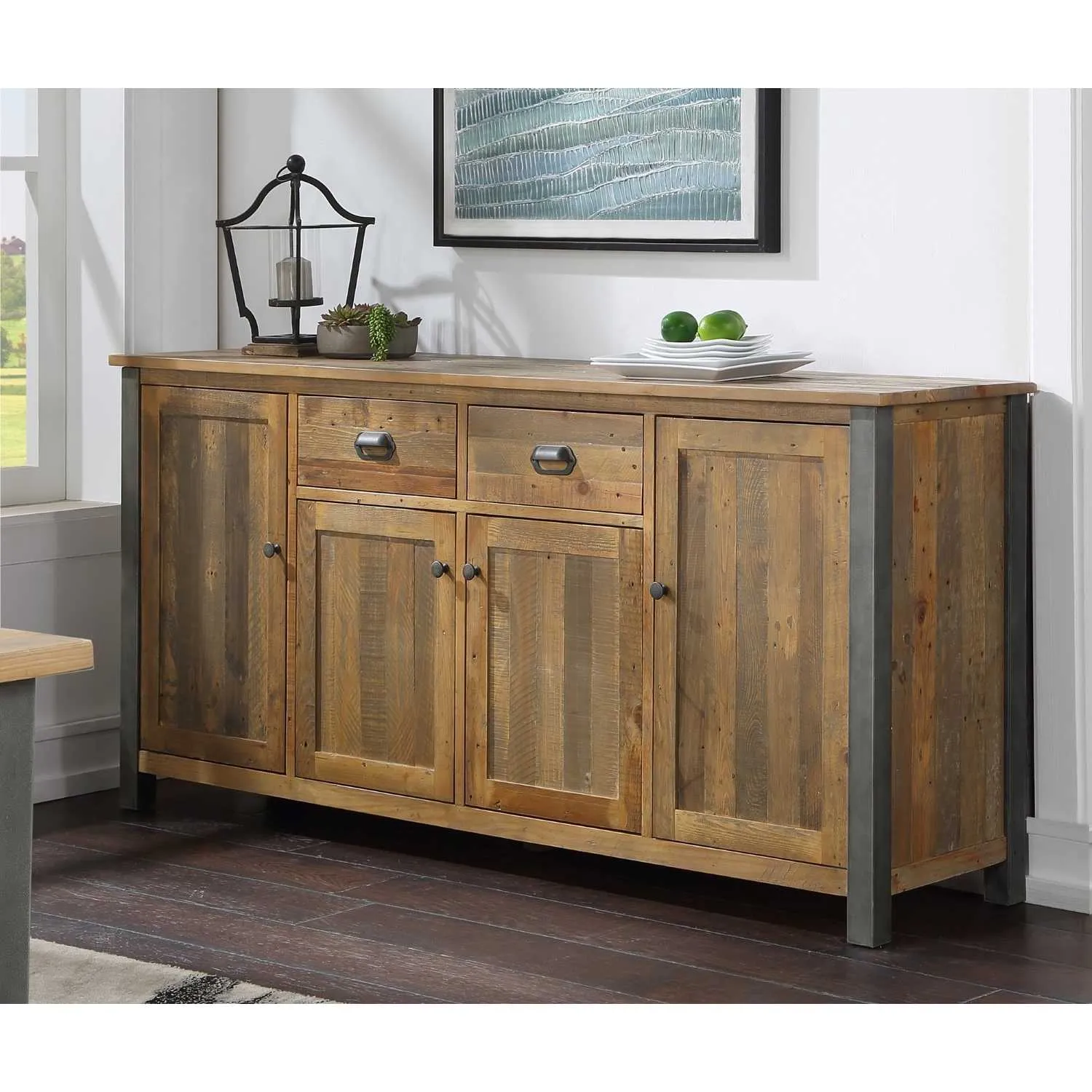 Industrial Reclaimed Wood Extra Large Sideboard Brown 4 Doors 2 Drawers