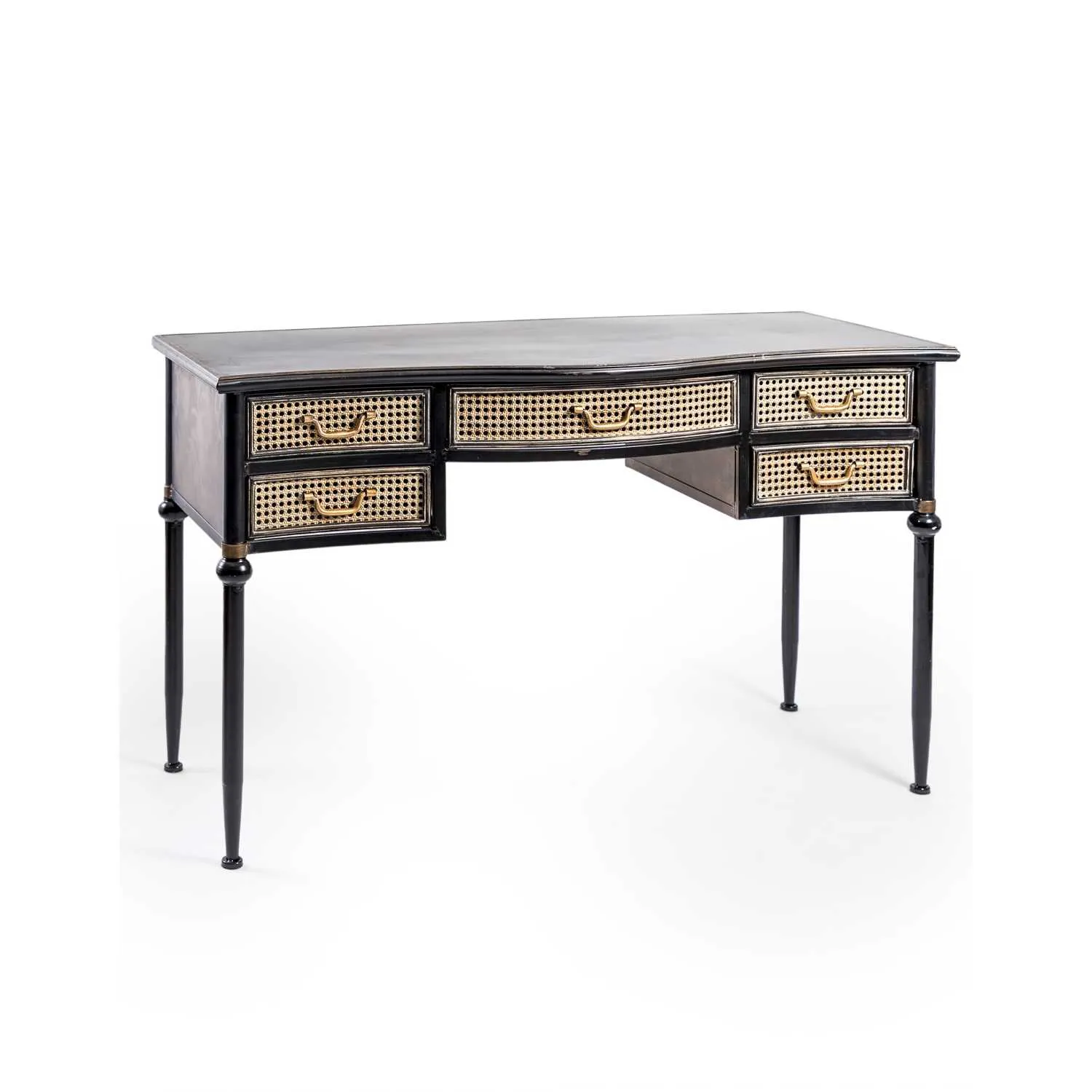 Antiqued Black Desk with Metal Rattan Drawers