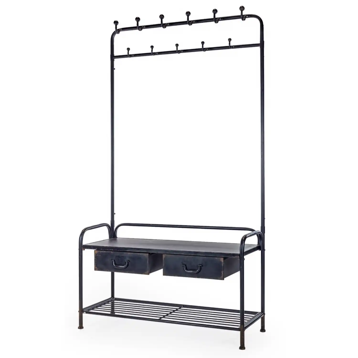 Black Metal Tall Coat and Shoe Rack Bench