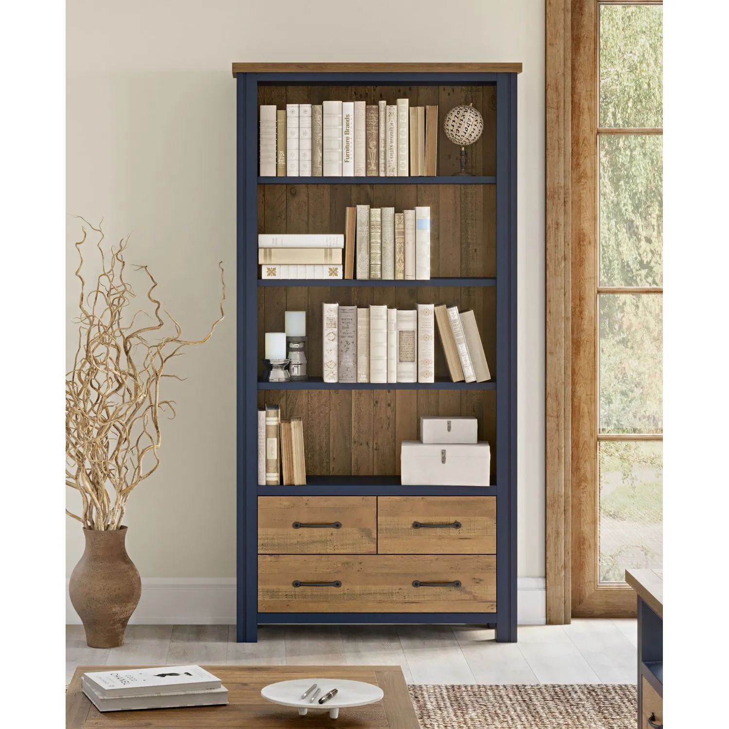 Splash of Blue Large Open Bookcase with Drawers